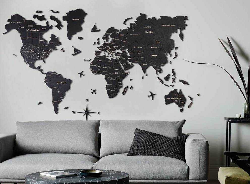 trävägg världskarta färg svart