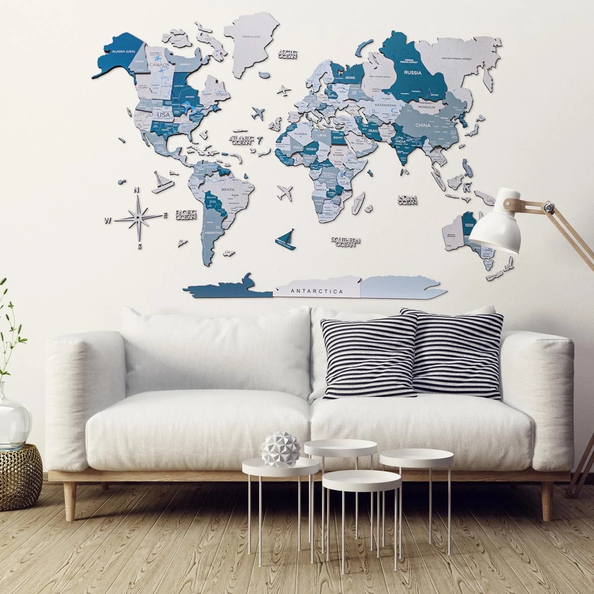 Colorfull 3D trä världskarta blå