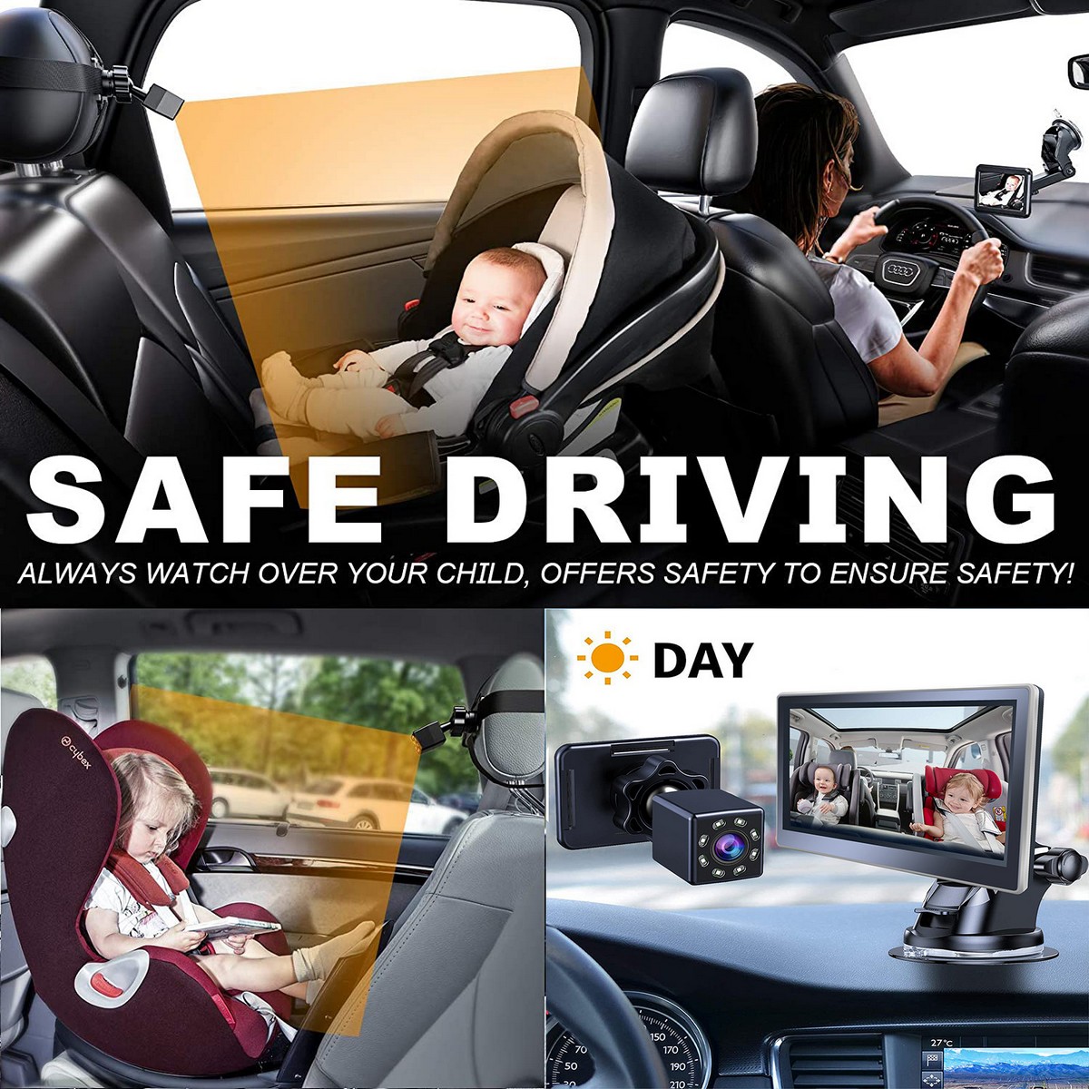 övervakning av barn i bil IR-kamera set med monitor