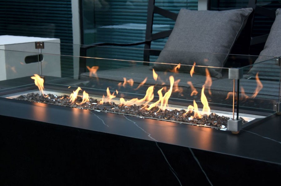 Propan eldstad bord keramisk öppen spis i svart marmor