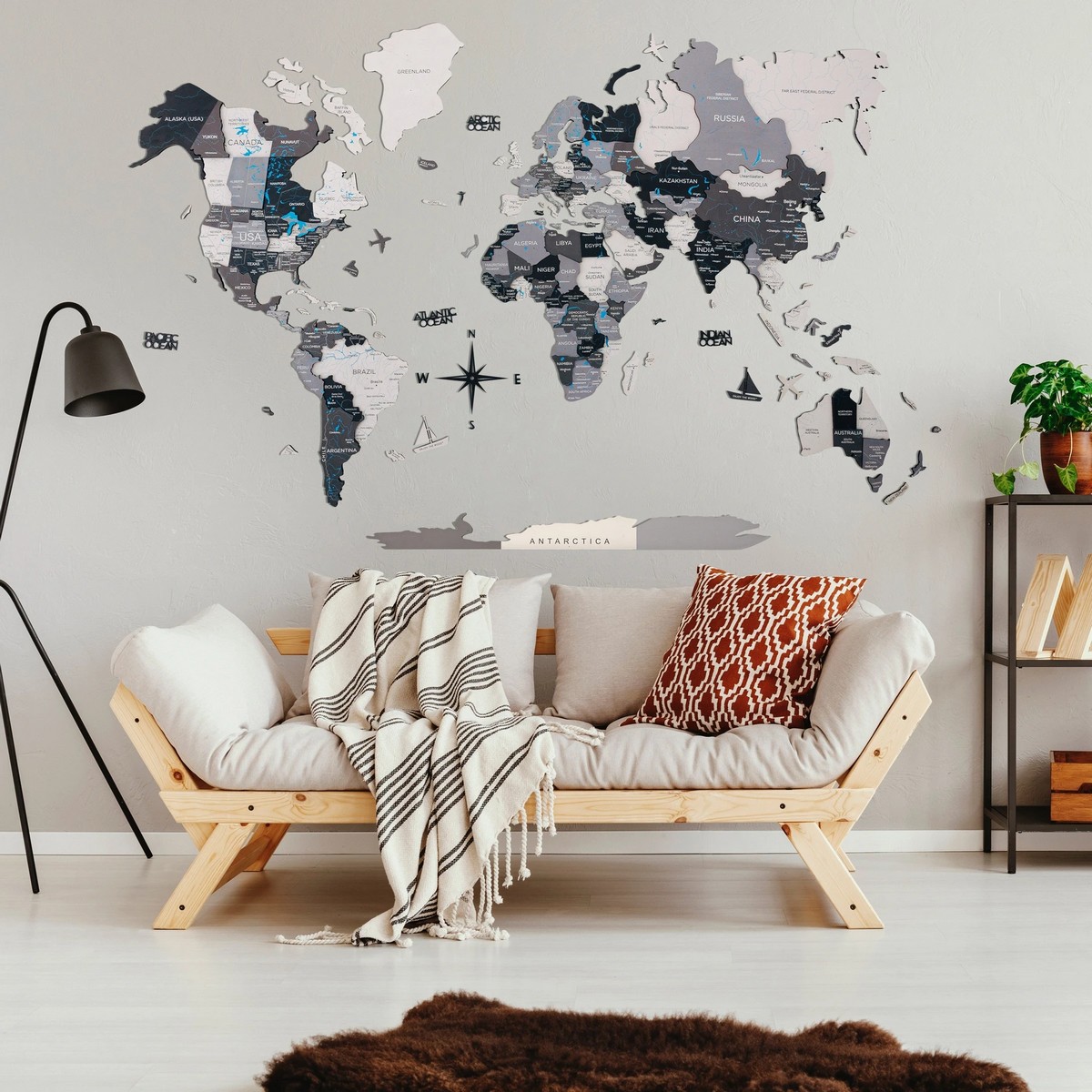 hand färgad 3D-karta över världen på väggen