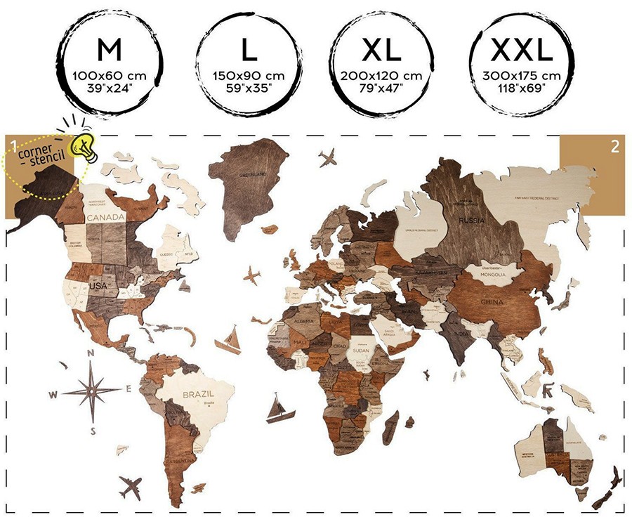 3D-trämålning av världskarta storlek XXL