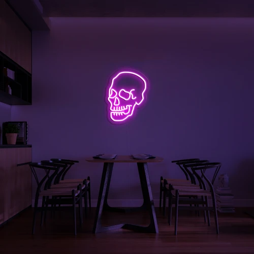 3D-glödande neonlogotyp på en vägg av skalle
