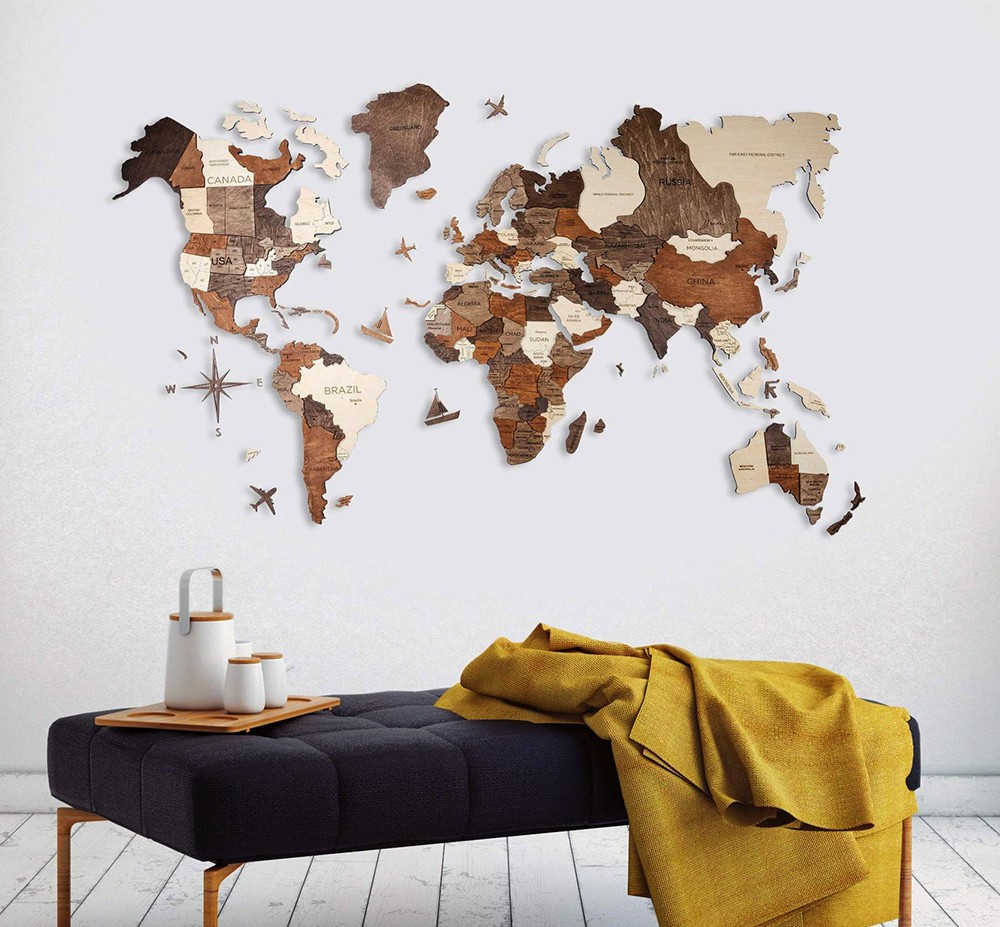 Världskarta för trä 3d på väggen